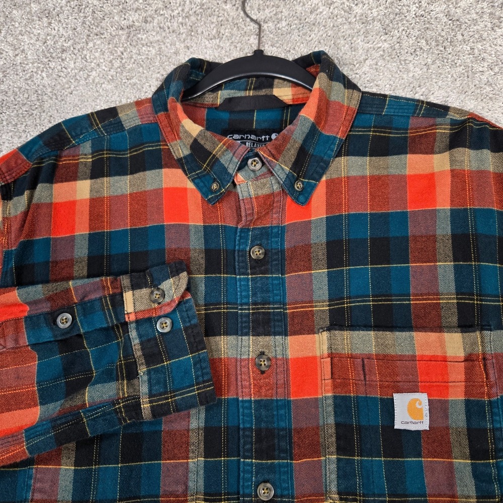 Carhartt Flannel Shirt men L Blue Orange Plaid Relaxed Fit 104909 H25 Flex Tidal